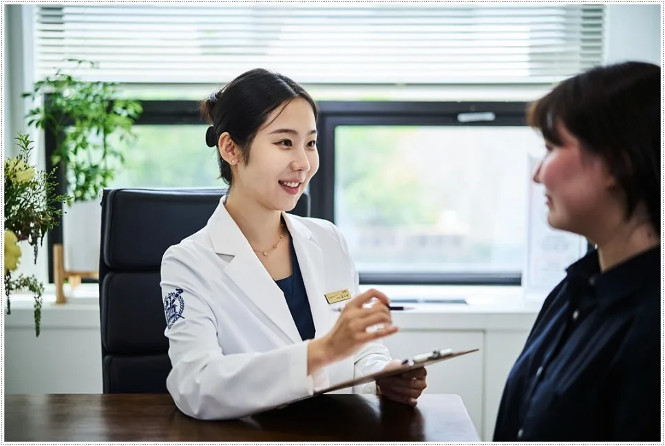 A female dentist in a white coat holding a clipboard and talking with a patient during a consultation.